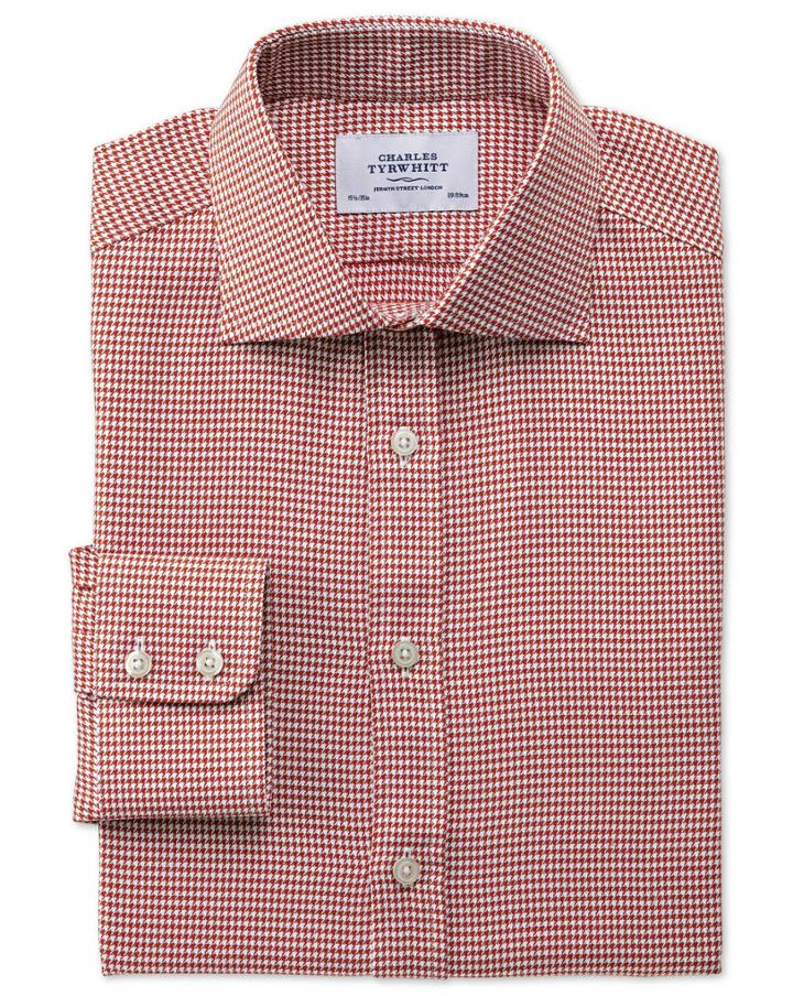  Slim Fit Semi-spread Collar Melange Puppytooth Copper Cotton Dress Shirt Single Cuff Size 16.5/34 By Charles Tyrwhitt