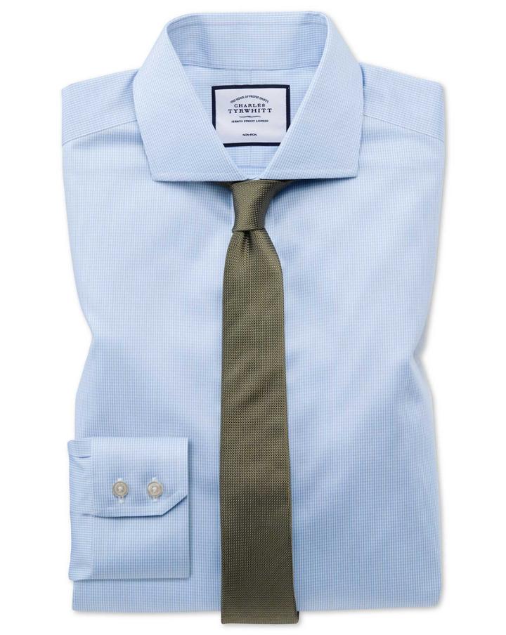  Slim Fit Non-iron Spread Collar Sky Blue Puppytooth Cotton Dress Shirt French Cuff Size 14.5/33 By Charles Tyrwhitt