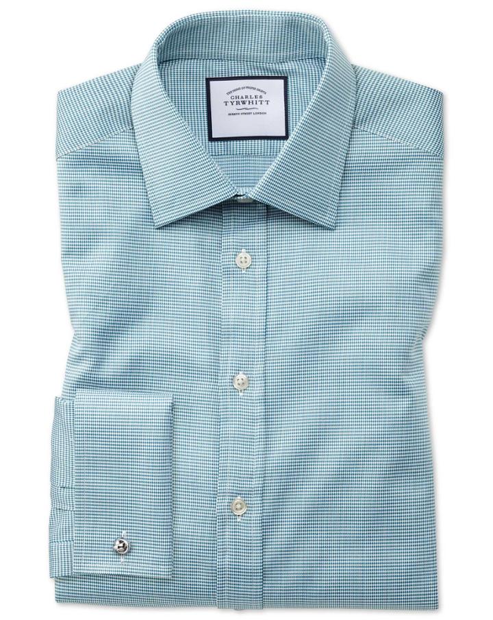  Classic Fit Teal Small Puppytooth Egyptian Cotton Dress Shirt French Cuff Size 15.5/33 By Charles Tyrwhitt