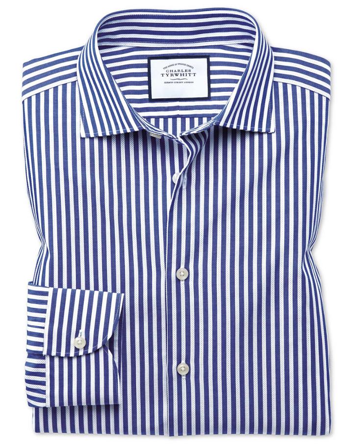  Slim Fit Business Casual Leno Texture Blue And White Stripe Cotton Dress Shirt Single Cuff Size 14.5/33 By Charles Tyrwhitt