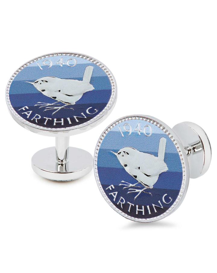  Blue Printed Striped Farthing Coin Cufflinks By Charles Tyrwhitt