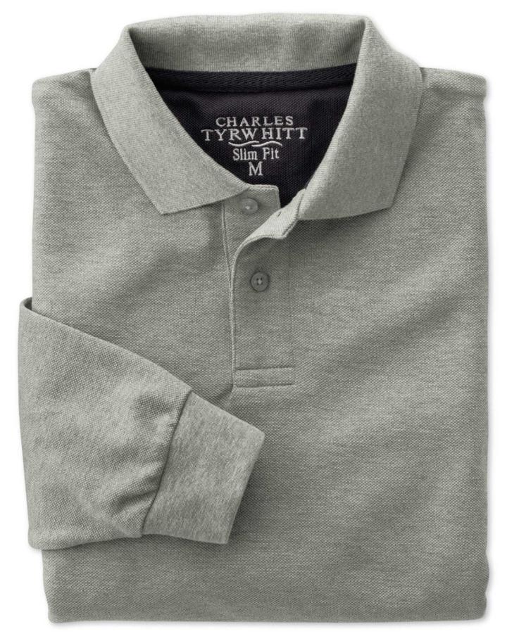 Charles Tyrwhitt Charles Tyrwhitt Slim Fit Grey Pique Long Sleeve Polo Shirt