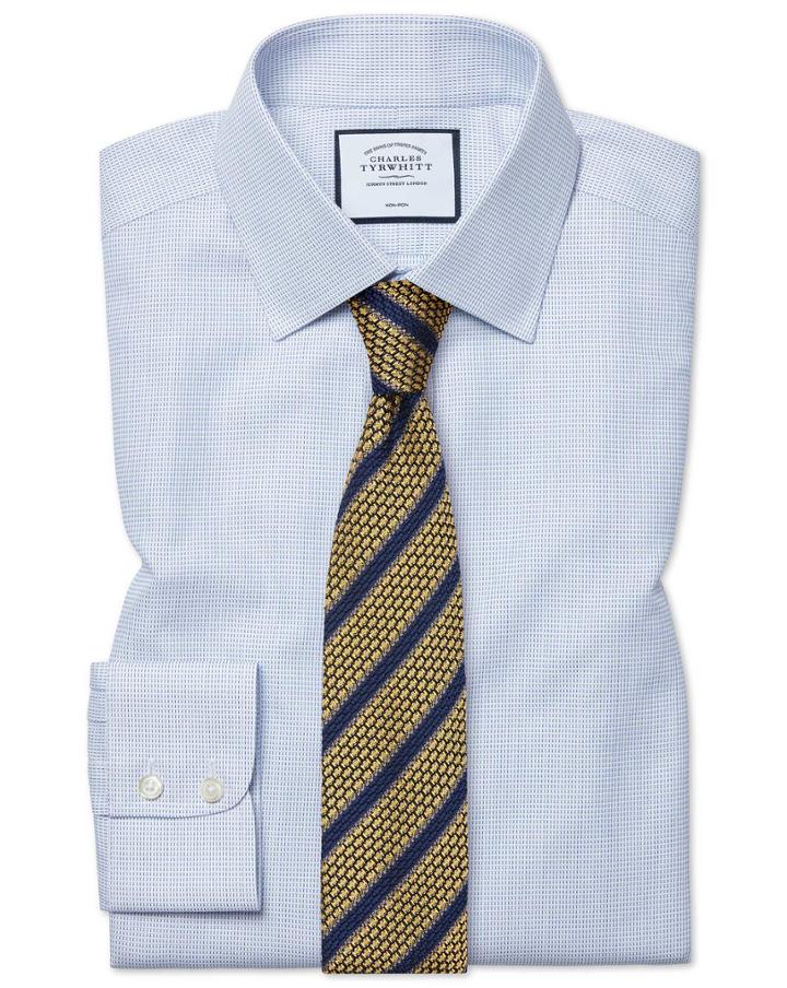  Classic Fit Non-iron Dash Weave Blue Cotton Dress Shirt Single Cuff Size 15/33 By Charles Tyrwhitt