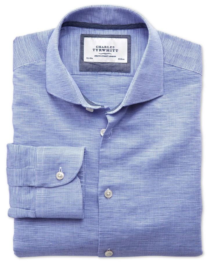 Charles Tyrwhitt Charles Tyrwhitt Slim Fit Spread Collar Business Casual Linen Cotton Blue Dress Shirt Size 14.5/32