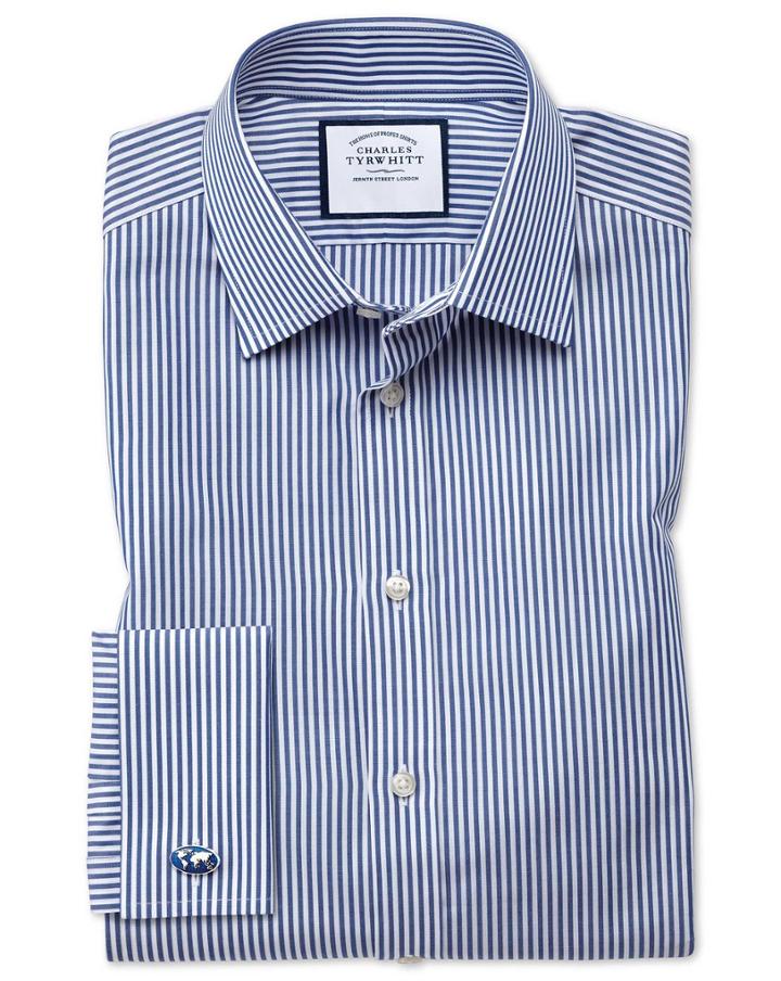 Charles Tyrwhitt Classic Fit Bengal Stripe Navy Blue Cotton Dress Shirt French Cuff Size 15.5/32 By Charles Tyrwhitt