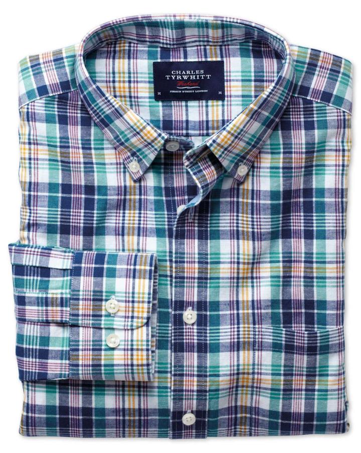 Charles Tyrwhitt Charles Tyrwhitt Slim Fit Blue And Green Check Cotton Linen Cotton/linen Dress Shirt Size Medium