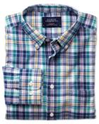 Charles Tyrwhitt Charles Tyrwhitt Slim Fit Blue And Green Check Cotton Linen Cotton/linen Dress Shirt Size Medium