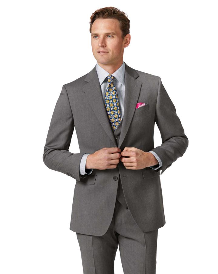  Light Grey Slim Fit Herringbone Business Suit Wool Jacket Size 38 By Charles Tyrwhitt