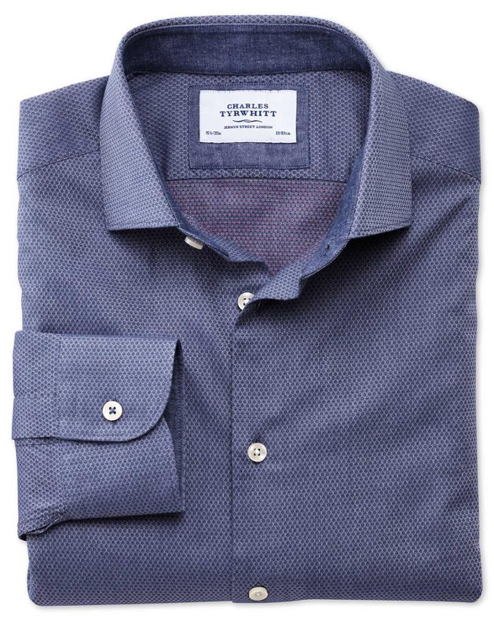 Charles Tyrwhitt Slim Fit Semi-spread Collar Business Casual Honeycomb Denim And Red Egyptian Cotton Dress Casual Shirt Single Cuff Size 16.5/34 By Charles Tyrwhitt