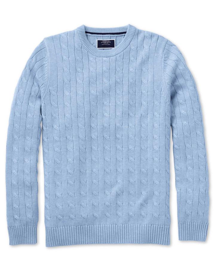  Sky Blue Pima Cotton Cable Crew Neck Sweater Size Large By Charles Tyrwhitt
