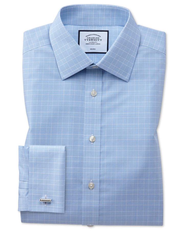  Slim Fit Non-iron Sky Blue Prince Of Wales Check Cotton Dress Shirt Single Cuff Size 14.5/32 By Charles Tyrwhitt