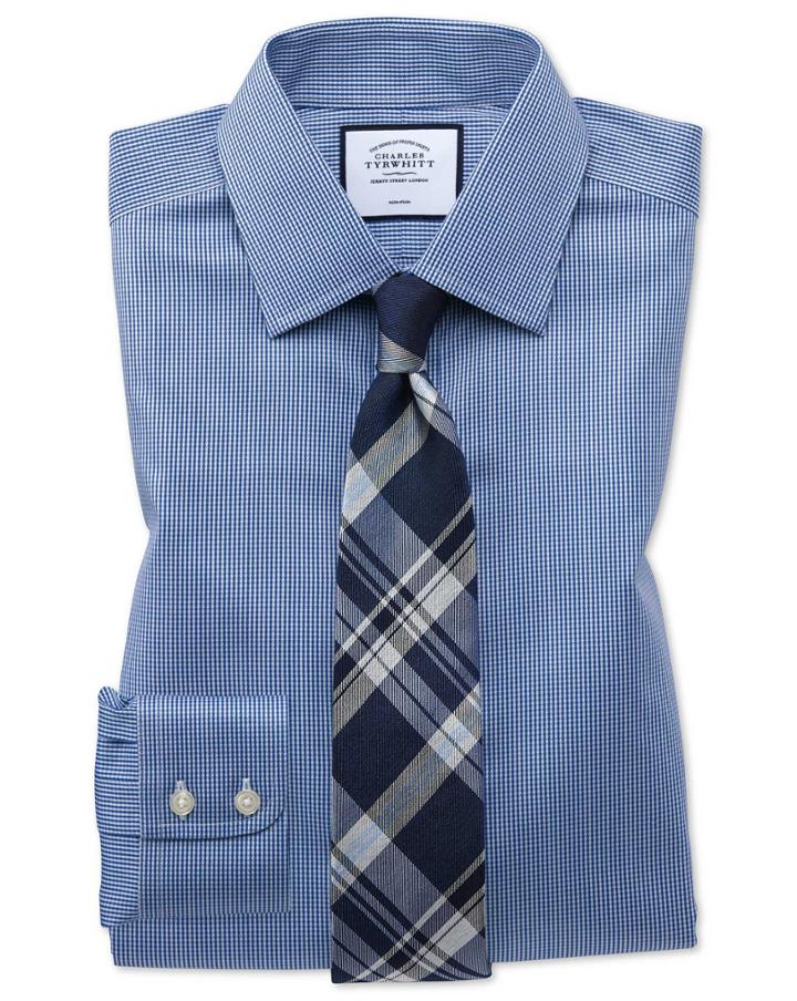  Slim Fit Non-iron Royal Blue Puppytooth Cotton Dress Shirt French Cuff Size 14.5/33 By Charles Tyrwhitt
