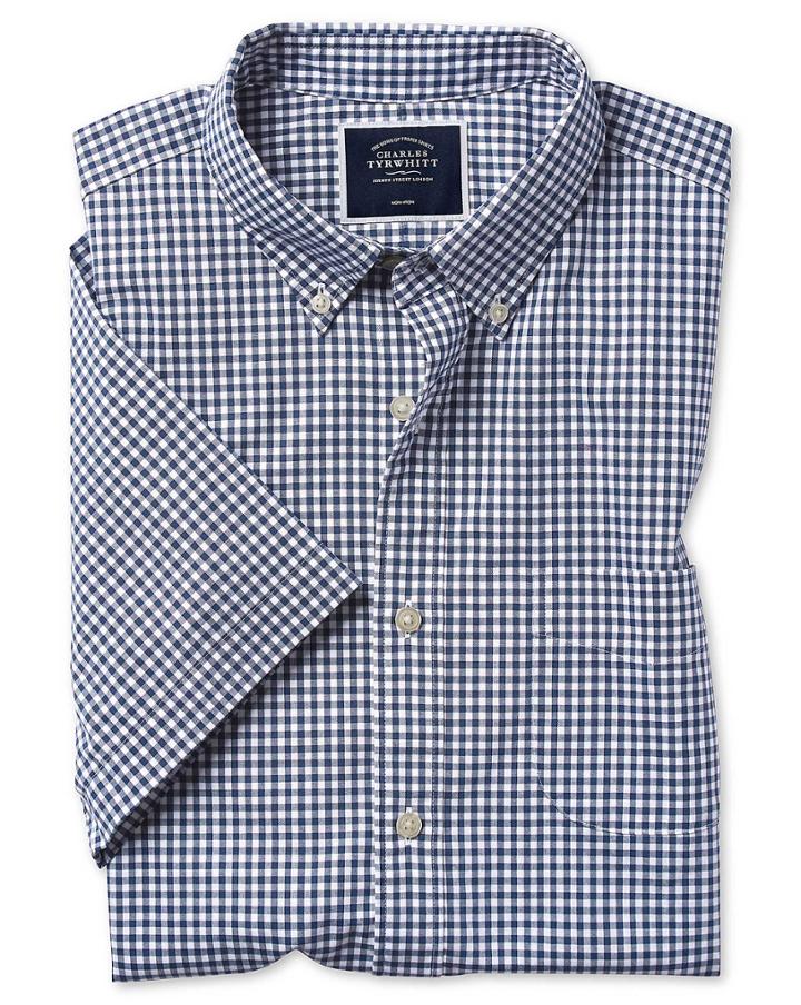  Slim Fit Navy Short Sleeve Gingham Soft Washed Non-iron Stretch Poplin Cotton Casual Shirt Single Cuff Size Large By Charles Tyrwhitt