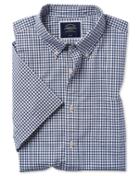  Slim Fit Navy Short Sleeve Gingham Soft Washed Non-iron Stretch Poplin Cotton Casual Shirt Single Cuff Size Large By Charles Tyrwhitt