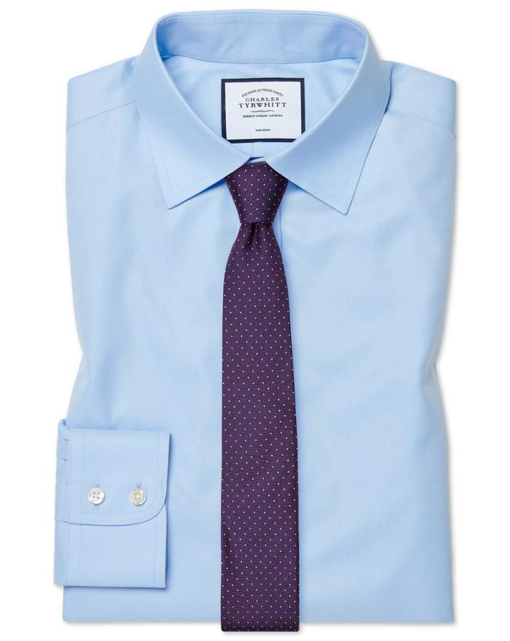 Extra Slim Fit Sky Blue Non-iron Twill Cotton Dress Shirt Single Cuff Size 14.5/32 By Charles Tyrwhitt