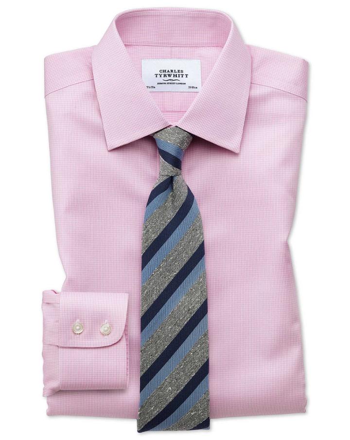  Extra Slim Fit Non-iron Puppytooth Light Pink Cotton Dress Shirt French Cuff Size 15/35 By Charles Tyrwhitt