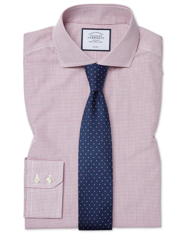  Slim Fit Non-iron Spread Collar Tyrwhitt Cool Poplin Check Berry Cotton Dress Shirt Single Cuff Size 15.5/33 By Charles Tyrwhitt