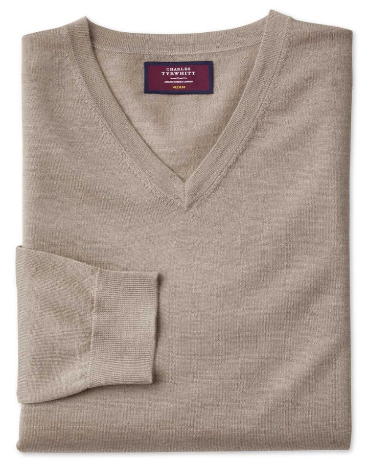  Stone Merino Silk V-neck Merino Silk Sweater Size Large By Charles Tyrwhitt