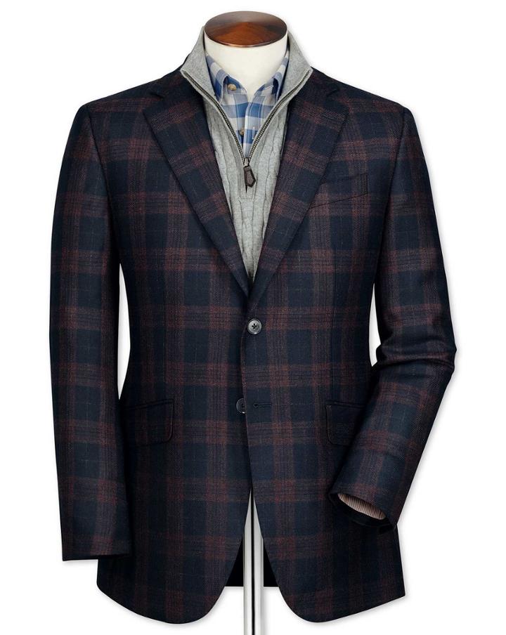 Charles Tyrwhitt Slim Fit Navy Checkered Lambswool Wool Jacket Size 38 By Charles Tyrwhitt