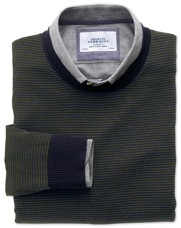 Charles Tyrwhitt Charles Tyrwhitt Dark Green And Navy Stripe Merino Wool Crew Neck Jumper Size Large