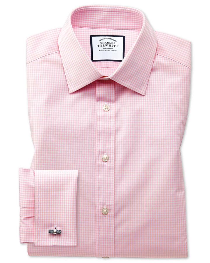  Classic Fit Small Gingham Light Pink Cotton Dress Shirt Single Cuff Size 15/35 By Charles Tyrwhitt