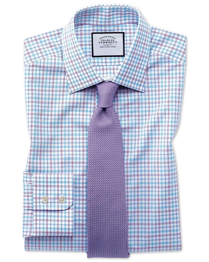  Classic Fit Egyptian Cotton Poplin Check Purple And Aqua Dress Shirt Single Cuff Size 15.5/35 By Charles Tyrwhitt