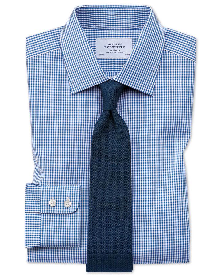  Slim Fit Small Gingham Navy Blue Cotton Dress Shirt French Cuff Size 17.5/35 By Charles Tyrwhitt