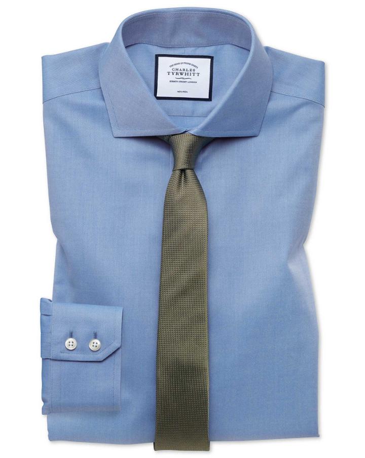  Extra Slim Fit Non-iron Twill Blue Cotton Dress Shirt Single Cuff Size 14.5/32 By Charles Tyrwhitt