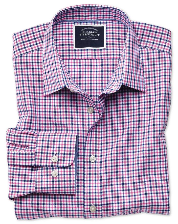 Slim Fit Non-iron Pink And Navy Gingham Oxford Cotton Casual Shirt Single Cuff Size Large By Charles Tyrwhitt