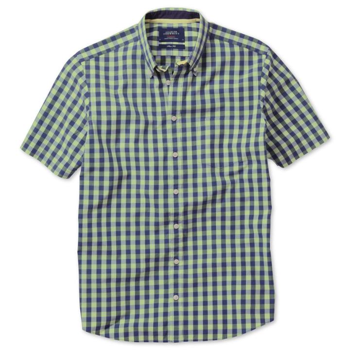 Charles Tyrwhitt Charles Tyrwhitt Green And Navy Gingham Check Washed Favorite Slim Fit Short Sleeve Shirt (m)