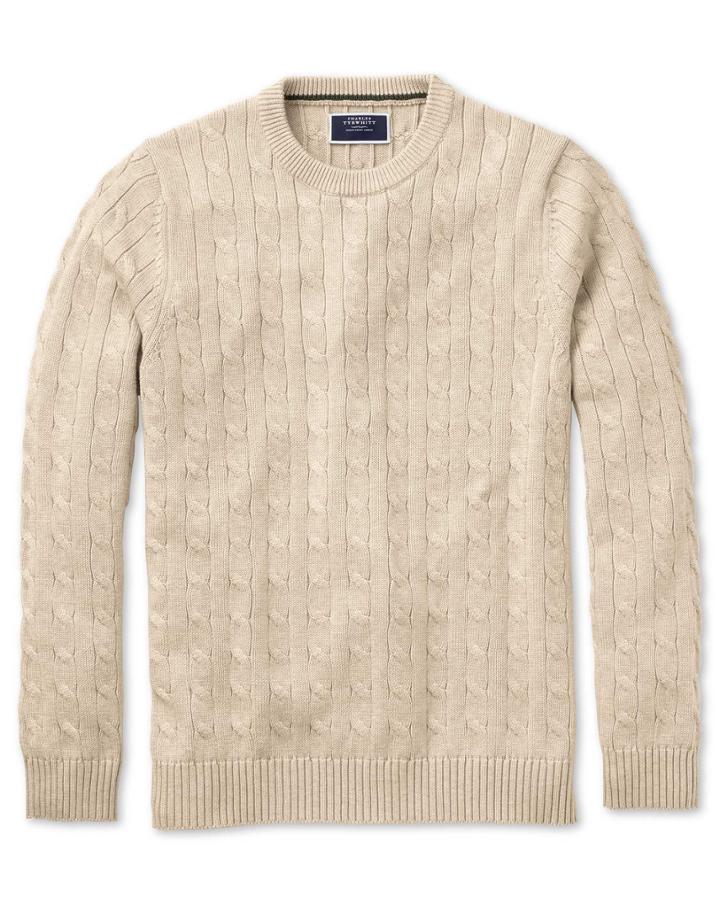  Stone Pima Cotton Cable Crew Neck Sweater Size Medium By Charles Tyrwhitt