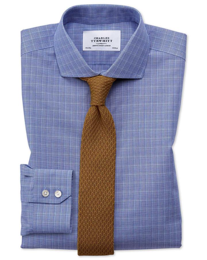  Extra Slim Fit Spread Collar Non-iron Prince Of Wales Blue Cotton Dress Shirt French Cuff Size 15/35 By Charles Tyrwhitt