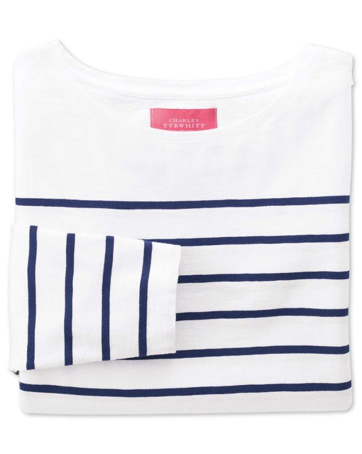 Charles Tyrwhitt Charles Tyrwhitt Women's White And Navy Breton Stripe Boat Neck Cotton Jersey Top Size 6