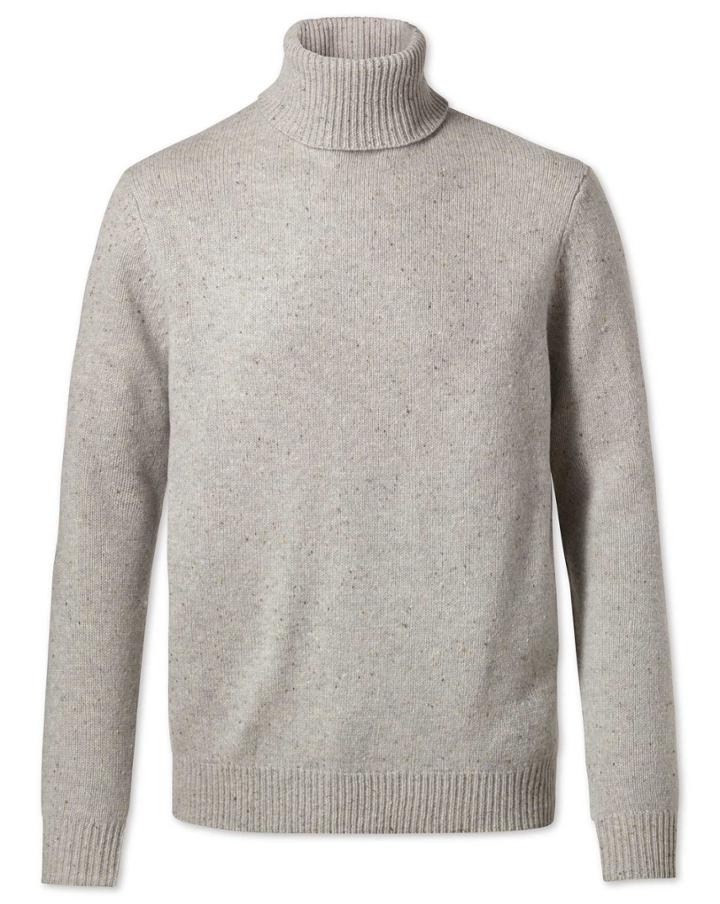  Light Grey Roll Neck Donegal Merino Wool Sweater Size Large By Charles Tyrwhitt