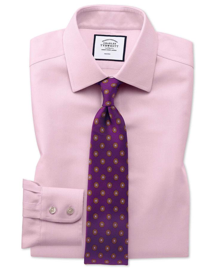  Slim Fit Non-iron Pink Arrow Weave Cotton Dress Shirt Single Cuff Size 15.5/35 By Charles Tyrwhitt
