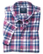 Charles Tyrwhitt Slim Fit Poplin Short Sleeve Pink And Navy Poplin Cotton Casual Shirt Single Cuff Size Large By Charles Tyrwhitt