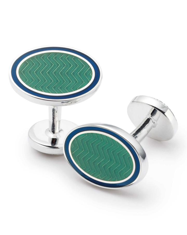  Green Wave Oval Enamel Cufflinks By Charles Tyrwhitt