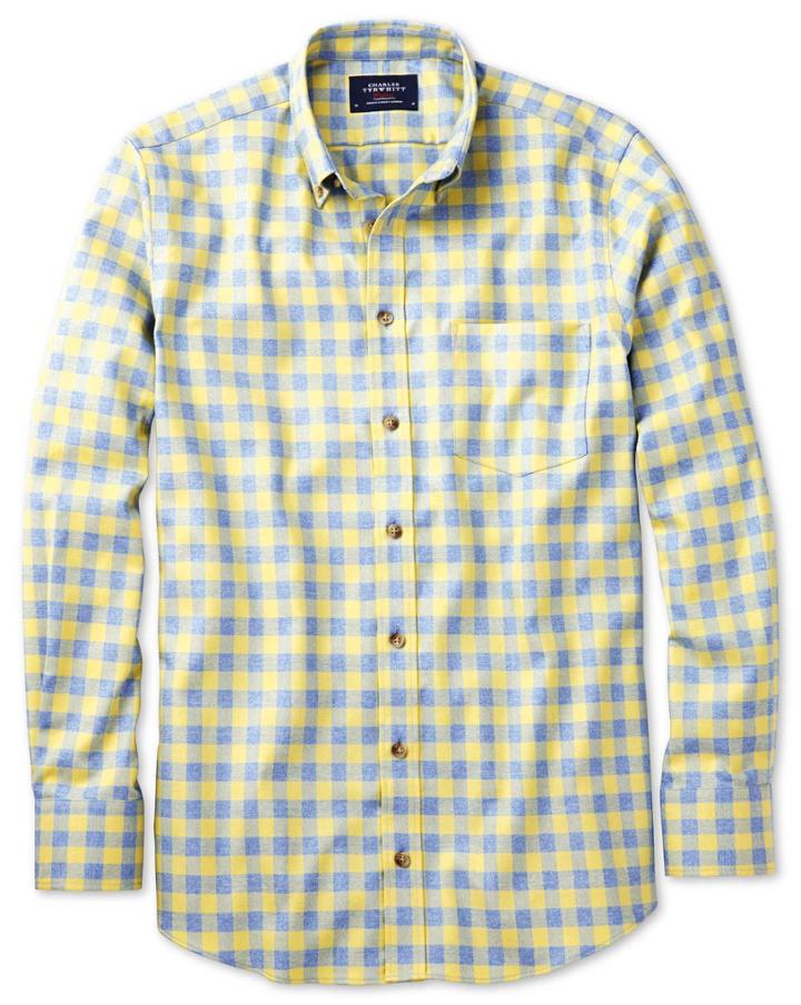Charles Tyrwhitt Charles Tyrwhitt Classic Fit Non-iron Gingham Yellow And Sky Blue Cotton Dress Shirt Size Medium