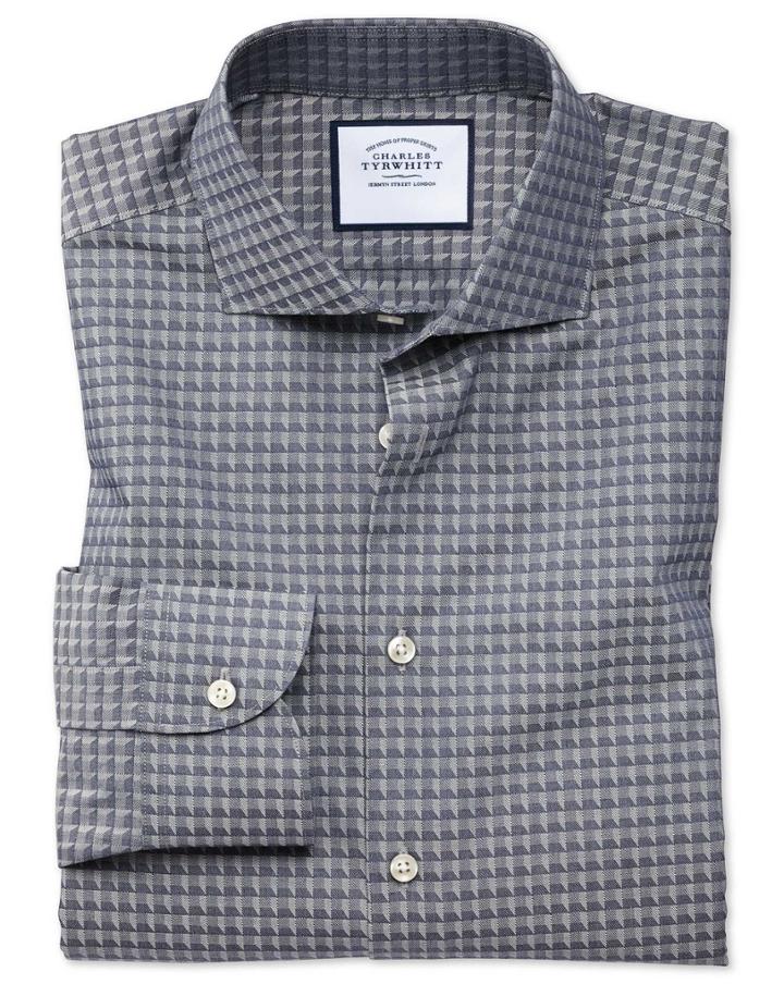  Slim Fit Business Casual Navy Geometric Cotton Dress Shirt Single Cuff Size 14.5/33 By Charles Tyrwhitt
