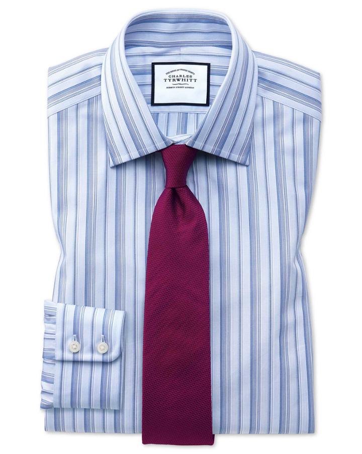  Extra Slim Fit Sky Blue Multi Stripe Egyptian Cotton Dress Shirt French Cuff Size 14.5/33 By Charles Tyrwhitt