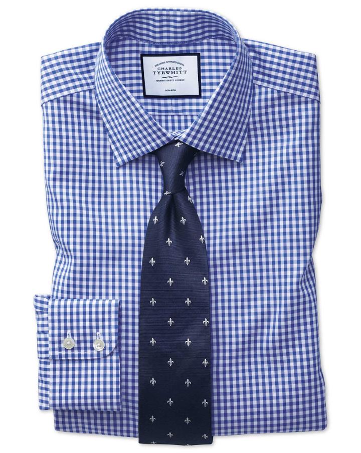  Slim Fit Non-iron Twill Royal Blue Check Cotton Dress Shirt Single Cuff Size 15/33 By Charles Tyrwhitt