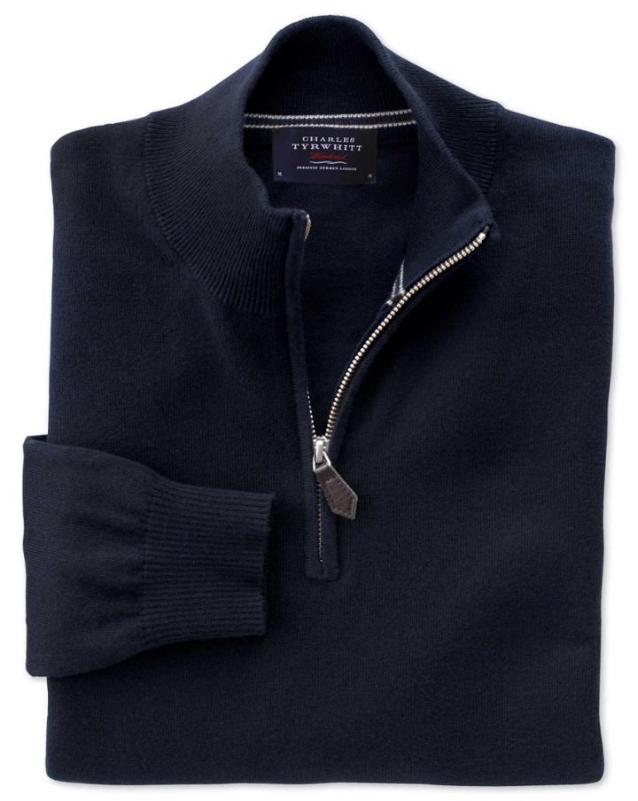  Navy Cotton Cashmere Zip Neck Cotton/cashmere Sweater Size Large By Charles Tyrwhitt