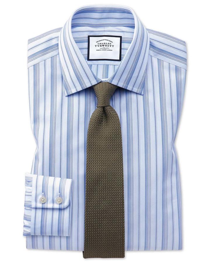  Classic Fit Sky Blue Multi Stripe Egyptian Cotton Dress Shirt French Cuff Size 15.5/32 By Charles Tyrwhitt