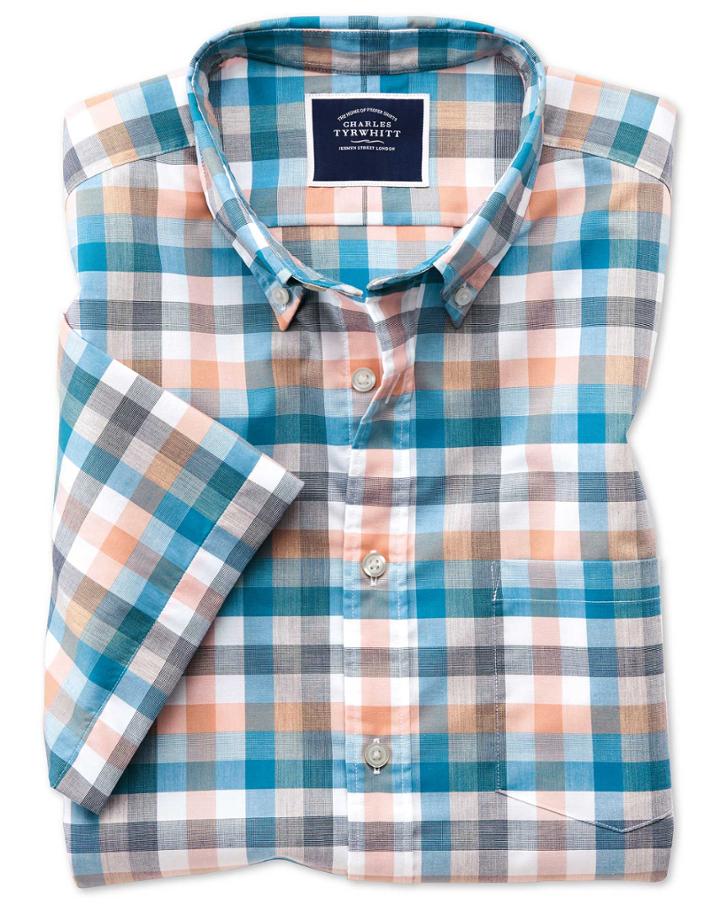  Classic Fit Coral Multi Check Short Sleeve Soft Washed Non-iron Tyrwhitt Cool Cotton Casual Shirt Single Cuff Size Medium By Charles Tyrwhitt