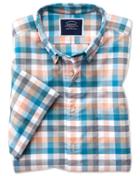  Classic Fit Coral Multi Check Short Sleeve Soft Washed Non-iron Tyrwhitt Cool Cotton Casual Shirt Single Cuff Size Medium By Charles Tyrwhitt