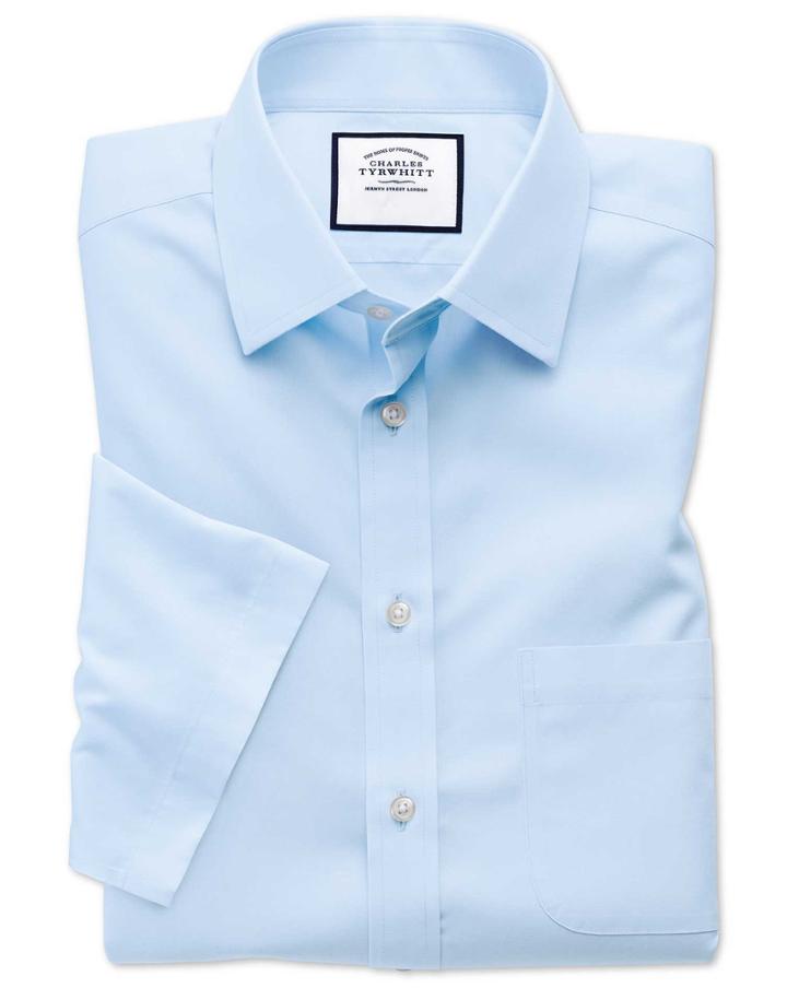 Charles Tyrwhitt Slim Fit Non-iron Poplin Short Sleeve Sky Cotton Dress Shirt Size 15.5/short By Charles Tyrwhitt