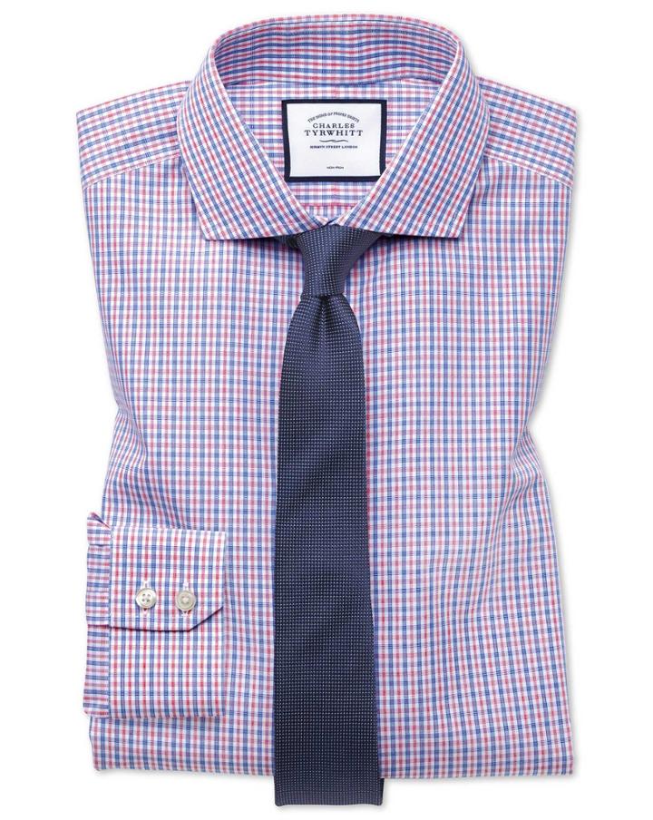  Extra Slim Fit Non-iron Blue And Red Check Cotton Dress Shirt French Cuff Size 14.5/32 By Charles Tyrwhitt