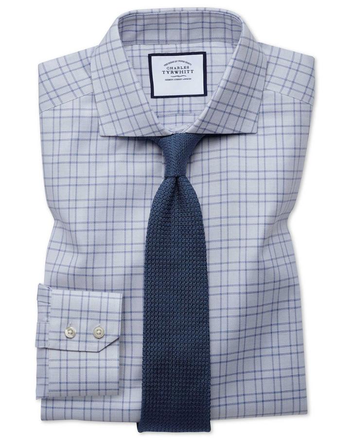  Extra Slim Fit Textured Check Grey Cotton Dress Shirt French Cuff Size 14.5/32 By Charles Tyrwhitt