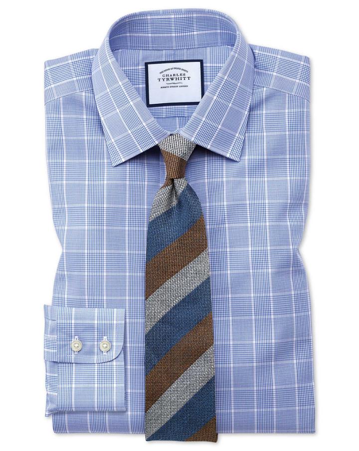  Slim Fit Non-iron Prince Of Wales Mid Blue Cotton Dress Shirt Single Cuff Size 16/35 By Charles Tyrwhitt