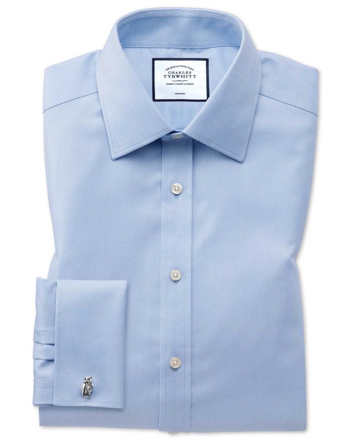  Classic Fit Non-iron Herringbone Sky Blue Cotton Dress Shirt Single Cuff Size 15/34 By Charles Tyrwhitt